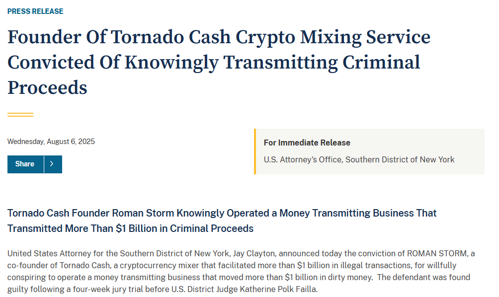 Charges against Roman Storm, Tornado Cash co-founder.