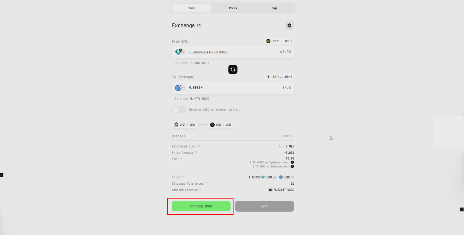 Approve button in the Symbiosis exchange interface - Blockport.
