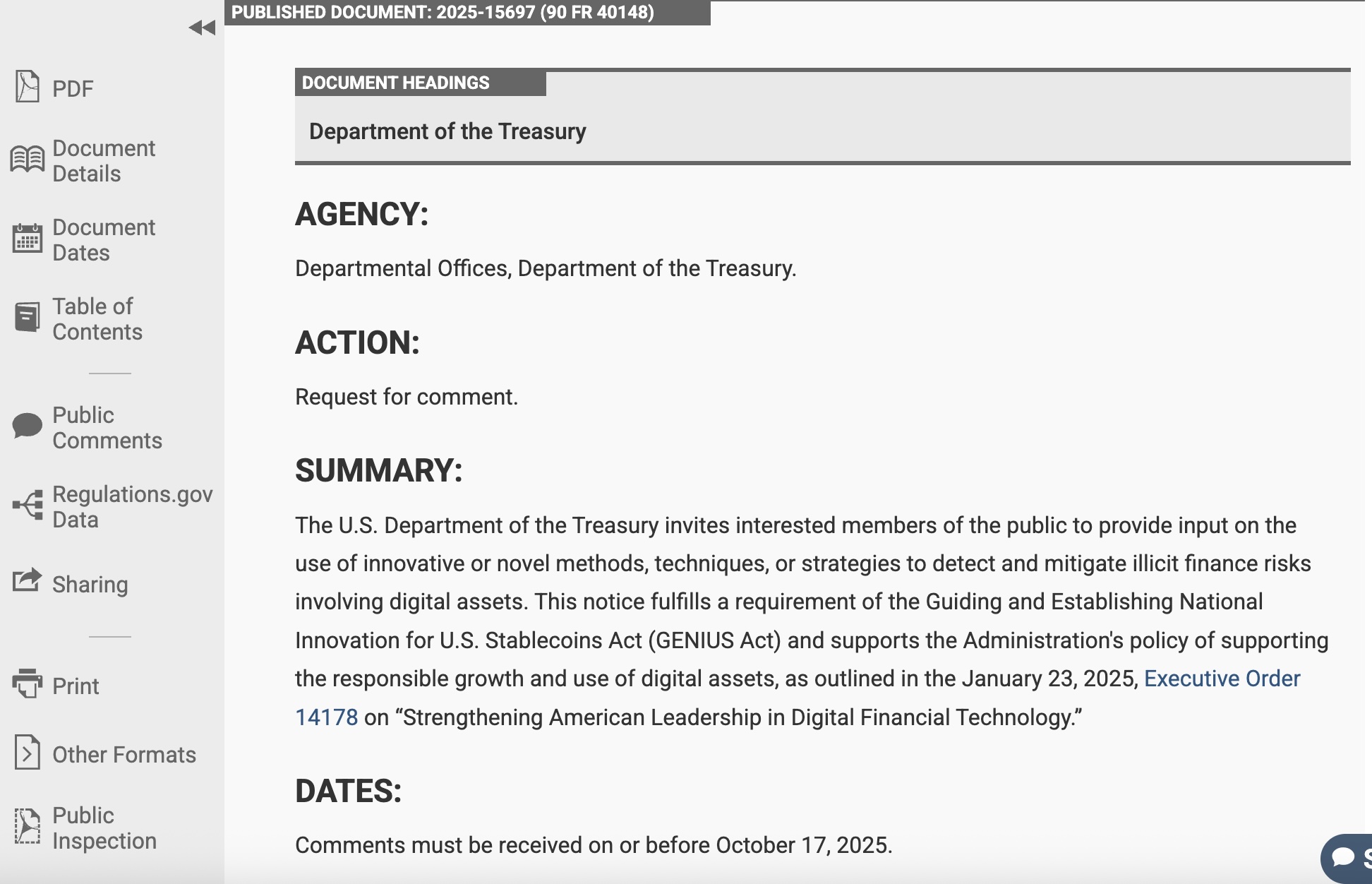 Screenshot of a Treasury Department notice requesting public comment on digital identity and financial crime detection in the digital asset sector.