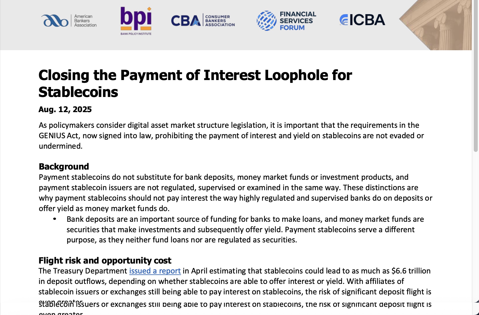 Screenshot of a joint letter by U.S. banking groups, dated August 12, 2025, warning that stablecoin issuers and affiliates may bypass interest restrictions.