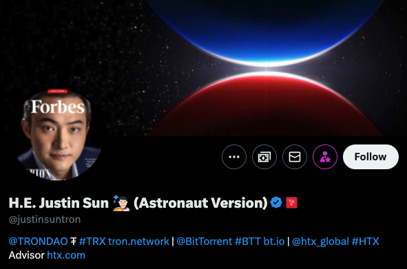 Screenshot of Justin Sun’s X profile. Source: x.com