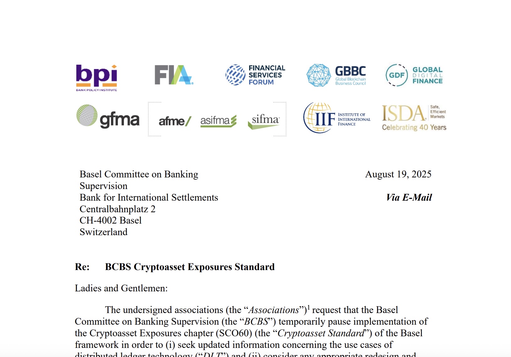 Screenshot of the letter’s cover page with trade-association logos, addressed to the Basel Committee and dated Aug 19, 2025 - Blockport