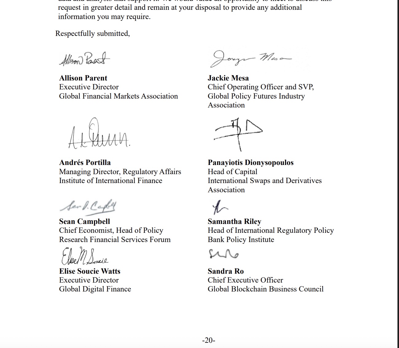 Screenshot of the signature page listing executives from GFMA, BPI, IIF, FIA, ISDA, GBBC, Global Digital Finance and others on a joint letter to the Basel Committee - Blockport